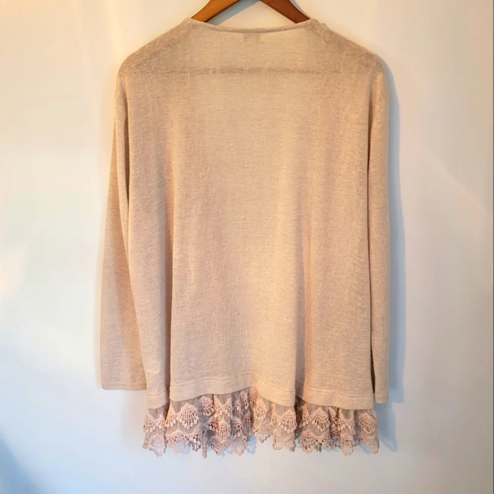 Umgee | Long, Open front Cardigan w/ Lace hem - Picture 2 of 4